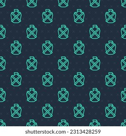 Green line Canteen water bottle icon isolated seamless pattern on blue background. Tourist flask icon. Jar of water use in the campaign.  Vector