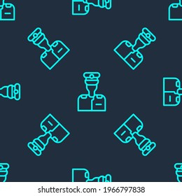 Green line Captain of ship icon isolated seamless pattern on blue background. Travel tourism nautical transport. Voyage passenger ship, cruise liner.  Vector