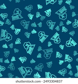 Green line Car damaged by fallen tree icon isolated seamless pattern on blue background. Auto insurance case. Car crash with tree, road accident.  Vector
