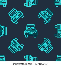 Green line Car icon isolated seamless pattern on blue background. Front view.  Vector