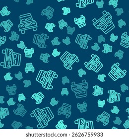 Green line Car icon isolated seamless pattern on blue background. Front view.  Vector