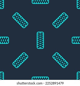 Green line Car tire wheel icon isolated seamless pattern on blue background.  Vector Illustration