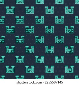 Green line Castle icon isolated seamless pattern on blue background. Medieval fortress with a tower. Protection from enemies. Reliability and defense of the city.  Vector