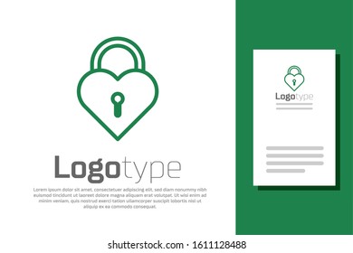 Green line Castle in the shape of a heart icon isolated on white background. Locked Heart. Love symbol and keyhole sign. Logo design template element. Vector Illustration