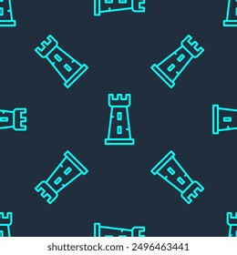 Green line Castle tower icon isolated seamless pattern on blue background. Fortress sign.  Vector