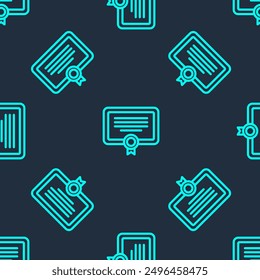 Green line Certificate template icon isolated seamless pattern on blue background. Achievement, award, degree, grant, diploma. Business success certificate.  Vector