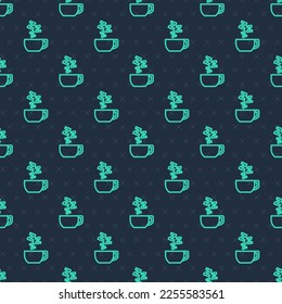 Green line Chamomile tea icon isolated seamless pattern on blue background. A useful therapeutic drink from flowers of chamomile medicinal.  Vector