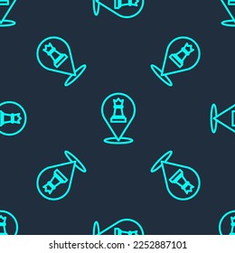 Green line Chess icon isolated seamless pattern on blue background. Business strategy. Game, management, finance.  Vector