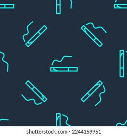 Icono de Cigarrillo de línea verde aislado patrón sin fisuras en fondo azul. Señal de tabaco. Símbolo de tabaco.  Ilustración vectorial
