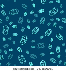 Green line Cinema ticket icon isolated seamless pattern on blue background.  Vector
