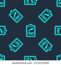 Portapapeles de línea verde con el icono de gráfico aislado patrón transparente sobre fondo azul. Icono de archivo de texto de informe. Signo contable. Auditoría, análisis, planificación.  Vector
