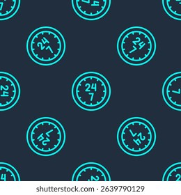 Green line Clock 24 hours icon isolated seamless pattern on blue background. All day cyclic icon. 24 hours service symbol.  Vector