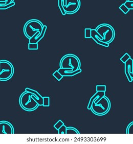 Green line Clock icon isolated seamless pattern on blue background. Time symbol.  Vector Illustration