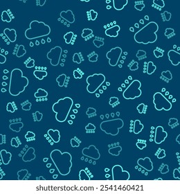 Green line Cloud with rain icon isolated seamless pattern on blue background. Rain cloud precipitation with rain drops.  Vector