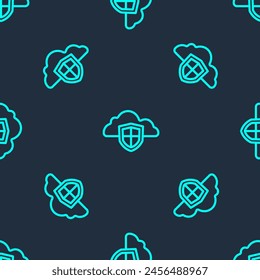 Línea verde Icono de nube y escudo aislado patrón sin fisuras sobre fondo azul. Protección de datos de almacenamiento en la nube. Seguridad, seguridad, protección, concepto de privacidad.  Vector