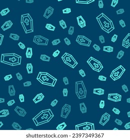 Green line Coffin with christian cross icon isolated seamless pattern on blue background. Happy Halloween party.  Vector