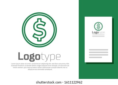 Green line Coin money with dollar symbol icon isolated on white background. Banking currency sign. Cash symbol. Logo design template element. Vector Illustration
