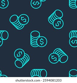 Green line Coin money with dollar symbol icon isolated seamless pattern on blue background. Banking currency sign. Cash symbol.  Vector