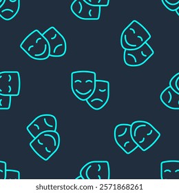 Green line Comedy and tragedy theatrical masks icon isolated seamless pattern on blue background.  Vector