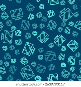 Green line Computer monitor and folded map with location marker icon isolated seamless pattern on blue background.  Vector Illustration