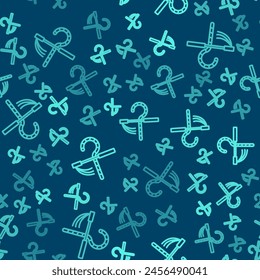 Green line Crook and flail icon isolated seamless pattern on blue background. Ancient Egypt symbol. Scepters of egypt.  Vector