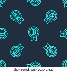 Green line Cryptocurrency coin Bitcoin icon isolated seamless pattern on blue background. Physical bit coin. Blockchain based secure crypto currency.  Vector