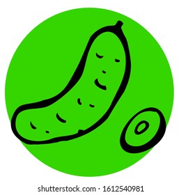 Green line cucumber with a small sliced lobule. Vector cucumber in vintage style. Vector stock image for culinary sites and restaurant menus.
