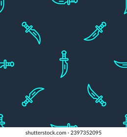 Grüne Linie Dagger Symbol einzeln auf blauem Hintergrund. Knife-Symbol. Schwert mit scharfem Blade.  Vektorgrafik