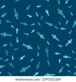 Green line Dagger icon isolated seamless pattern on blue background. Knife icon. Sword with sharp blade.  Vector