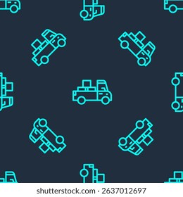Green line Delivery truck with cardboard boxes behind icon isolated seamless pattern on blue background.  Vector