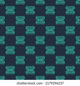 Green line Dentures model icon isolated seamless pattern on blue background. Teeth of the upper jaw. Dental concept.  Vector