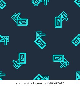 Green line Digital door lock with wireless technology for unlock icon isolated seamless pattern on blue background. Door handle sign. Security smart home.  Vector