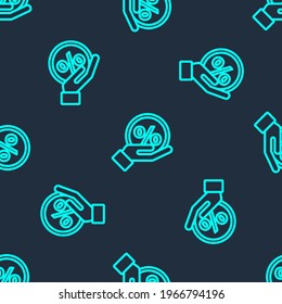 Green line Discount percent tag icon isolated seamless pattern on blue background. Shopping tag sign. Special offer sign. Discount coupons symbol.  Vector Illustration