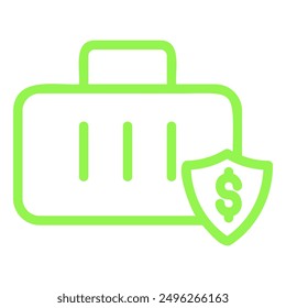 Un dibujo de línea verde de un maletín con un escudo de signo de dólar al lado, que representa la seguridad y protección financiera.