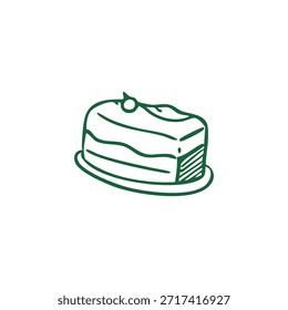 Green line drawing of a cake slice with a single cherry on top
