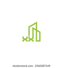 A green line drawing of a city skyline with the letter 
