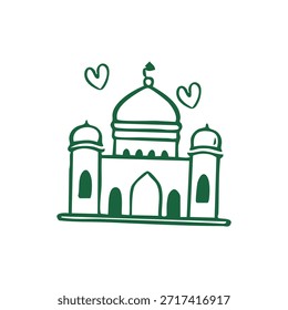 Dibujo de línea verde de una mezquita con dos corazones, sobre fondo blanco