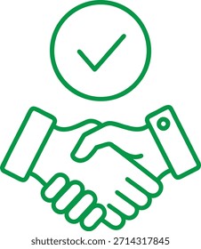 A green line drawing of two hands shaking with a green checkmark in a circle above them, on a pure white background, simple and modern style