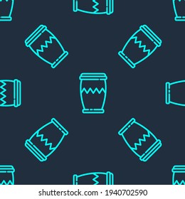 Green line Drum icon isolated seamless pattern on blue background. Music sign. Musical instrument symbol.  Vector