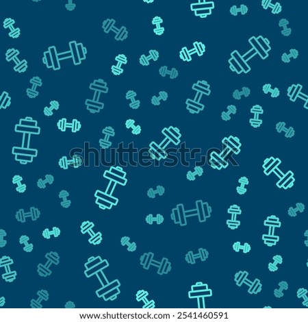 Green line Dumbbell icon isolated seamless pattern on blue background. Muscle lifting icon, fitness barbell, gym, sports equipment, exercise bumbbell.  Vector Illustration