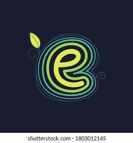 Logo de la línea verde E con pétalos y hojas giratorias. Este tipo de letra hecha de derrame cerebral se puede usar para publicidad ecológica, arte agrícola, identidad botánica, etc.