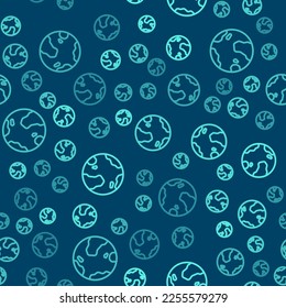 Green line Earth globe icon isolated seamless pattern on blue background. World or Earth sign. Global internet symbol. Geometric shapes.  Vector