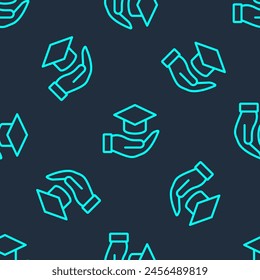 Green line Education grant icon isolated seamless pattern on blue background. Tuition fee, financial education, budget fund, scholarship program, graduation hat.  Vector