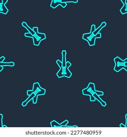 Green line Electric bass guitar icon isolated seamless pattern on blue background.  Vector