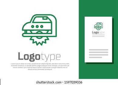 Green line Electric circular saw with steel toothed disc icon isolated on white background. Electric hand tool for cutting wood or metal. Logo design template element. Vector Illustration