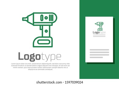 Green line Electric cordless screwdriver icon isolated on white background. Electric drill machine. Repair tool. Logo design template element. Vector Illustration
