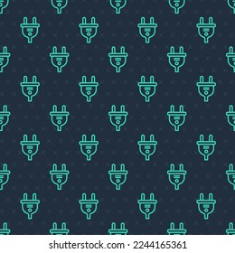 Green line Electric plug icon isolated seamless pattern on blue background. Concept of connection and disconnection of the electricity.  Vector