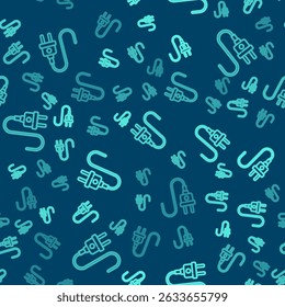 Green line Electric plug icon isolated seamless pattern on blue background. Concept of connection and disconnection of the electricity.  Vector
