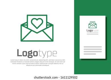 Green line Envelope with Valentine heart icon isolated on white background. Message love. Letter love and romance. Logo design template element. Vector Illustration