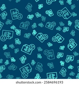 Green line Exam sheet with A plus grade icon isolated seamless pattern on blue background. Test paper, exam, or survey concept. School test or exam.  Vector